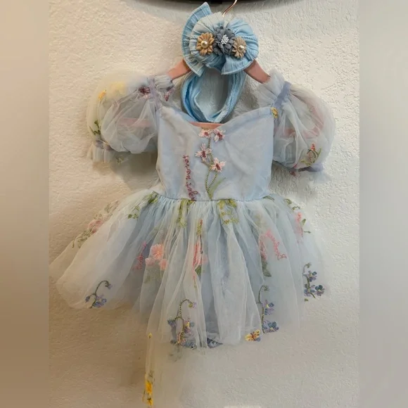 Floral Light Blue Custom-Made Flower girl/wedding guest dress with custom bow - Picture 2 of 7